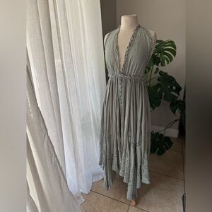 Free People Elegant Halter Neck Dress in Green flowy‎ NWT lace maxi long
